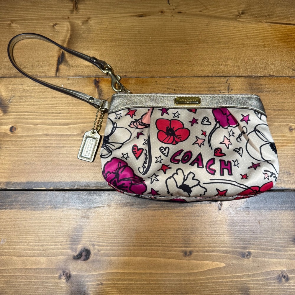 Coach Poppy Graffiti Floral Wristlet Clutch Pink Gold Multicolor - Picture 1 of 6